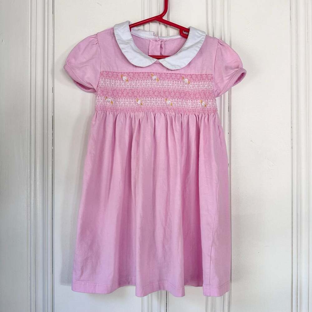 Cotton Smocked Girls Dress, Size 4Y, Peter Pan Collar Pink Short Sleeve